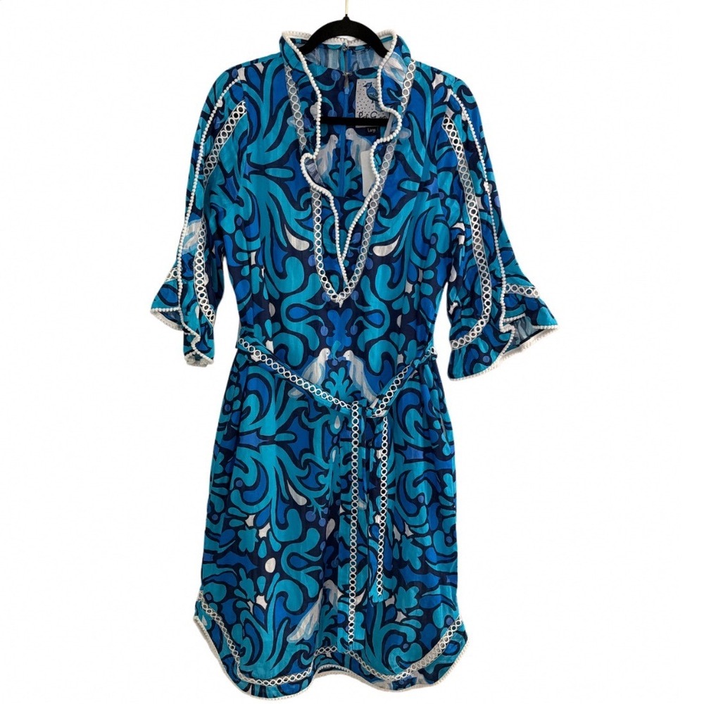 Lesley Evers Blue Paisley Cotton Midi Dress Eyelet Trim Pockets Large - Picture 5 of 14